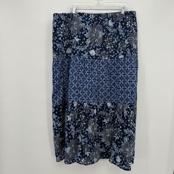 Basic Editions Blue Pattern Elastic Midi Skirt Plus Size XXL Cotton - Picture 1 of 7